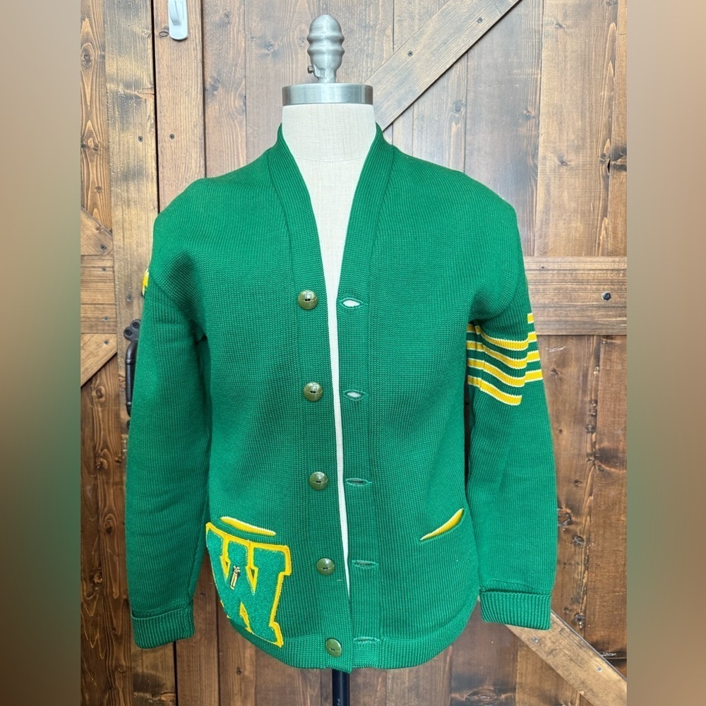 VINTAGE 50/60s Octonek Green & Yellow Letterman’s Jacket 100% Wool Golf Men’s L - Picture 2 of 14